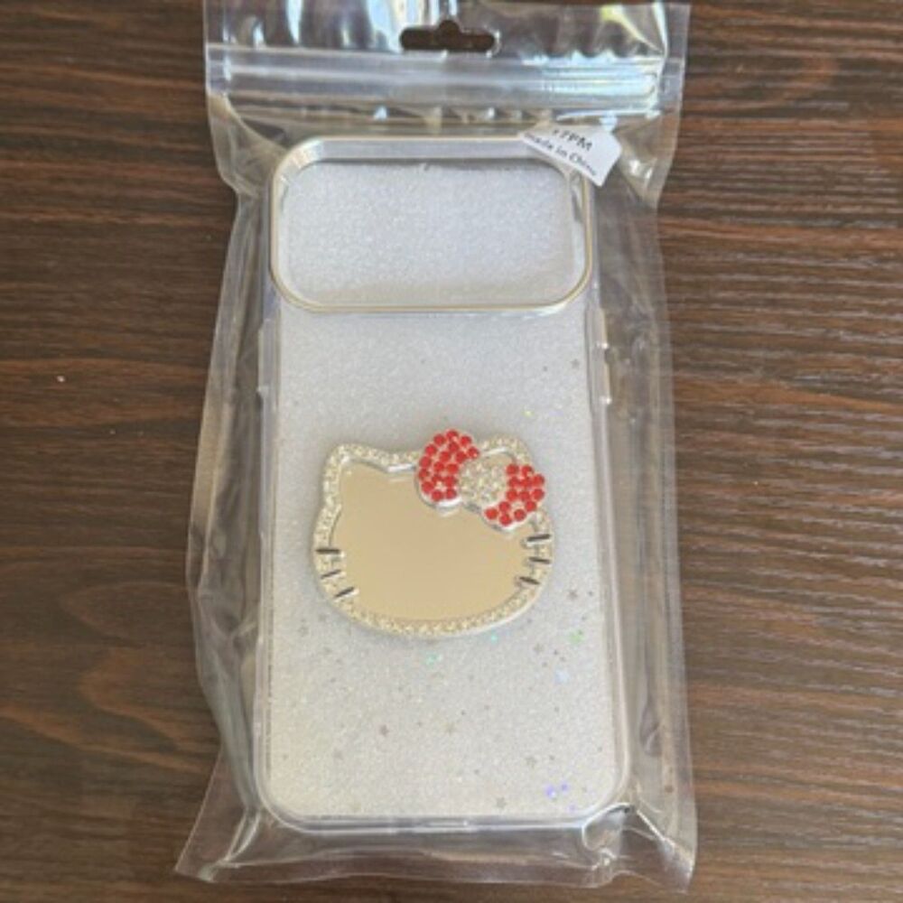 Soft Plastic Clear Glitter Phone Case with Hello Kitty Mirror iPhone 17 Pro Max